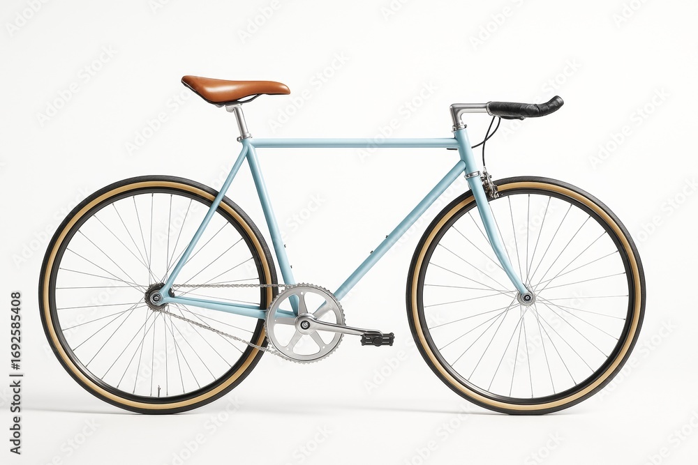 Poster light blue single speed bicycle with tan saddle and minimalist design on white background for modern