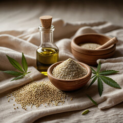 Hemp Seeds, Flour, and Oil in Wellness Kitchen Setting