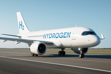 Obraz premium Hydrogen-powered commercial airplane taxiing on runway under clear sky, promoting sustainable air transport innovation and green energy solutions. Ai generative