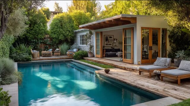 Luxurious backyard oasis with a sparkling swimming pool, lounge chairs, and a modern cabana surrounded by lush greenery and trees