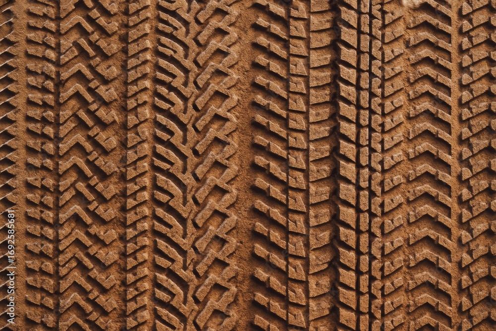 Aufkleber close-up of tire tracks imprinted in brown soil with intricate tread patterns in a repetitive design