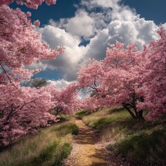 Petal-strewn trail through cherry blossoms with drifting clouds above