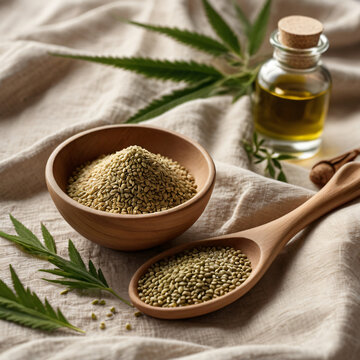 Hemp Seeds, Flour, and Oil in Wellness Kitchen Setting