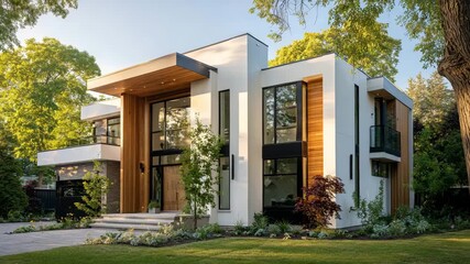 Modern luxury residence with clean lines and large windows, showcasing contemporary architecture and upscale design in a suburban setting