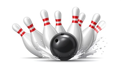 Bowling pins struck by a black bowling ball
