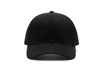 Fototapeta premium Black baseball cap sitting on white surface, showcasing its simple, modern style and clean lines in a minimalist studio shot.