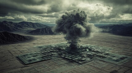 A massive storm cloud looming over a fragile circuit board, symbolizing technological vulnerability.