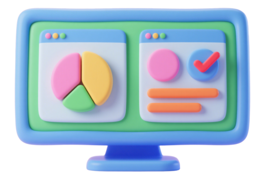 Cartoon Computer Screen with Colorful Pie Chart and Simple UI Elements - Bright Blue Frame and Soft Pastel Colors Create Lively Digital Atmosphere