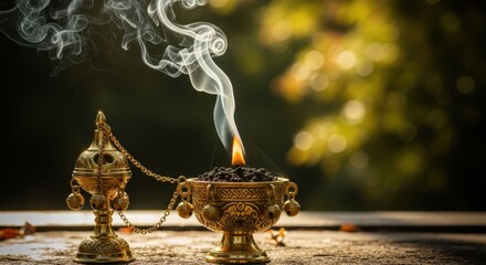 Golden Incense Burner Emitting Smoke and Fire Outdoors