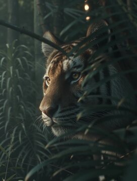 Cinematic Close Up of Siberian Tiger Moving Through Jungle Shadows