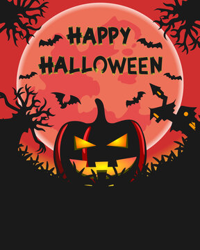 halloween red moon background with pumpkin and bats