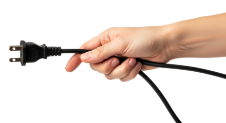 a hand presents a power cord connecting energy, technology, and human interaction, isolated on transparent background