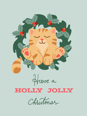 Christmas card with a peacefully dozing cat in a festive holly wreath. Humorous holiday decor for winter projects