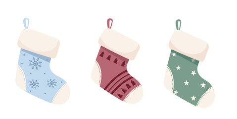  Set of Christmas socks with three unique winter designs, festive decorative elements collection for seasonal projects