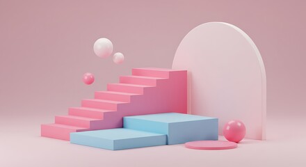 Pastel Pink and Blue 3D Staircase Scene.
