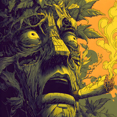 Surreal wooden tree face smoking a marijuana weed joint in psychedelic cannabis forest