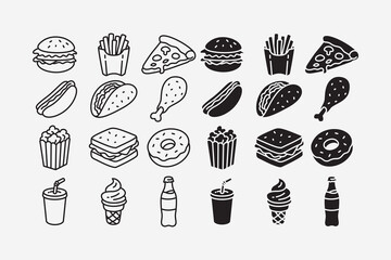 Fast food and snack icons set in line art and solid style. Burger, Fries, Pizza, Hotdog, Taco, Chicken drumstick, Popcorn, Sandwich, Donut, Soda, Ice cream, Bottle drink . Vector Illustration