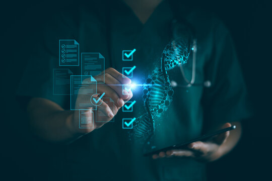 Medical research, doctor doing online checklist document, digital medical healthcare quality certificate, telemedicine