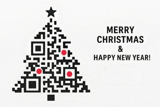 Stylized qr code shaped like a christmas tree with black blocks, red ornaments and star, merry christmas and happy new year text on white background with copy space, festive holiday greeting concept