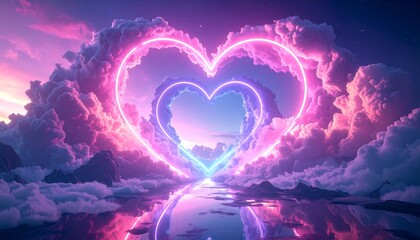Heart-shaped neon portal through clouds at sunset