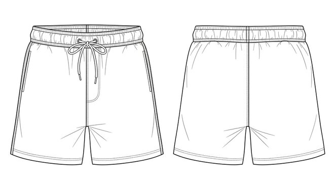 Flat technical sketch of casual shorts with elastic waistband and drawstring. Fashion vector illustration template with front and back views for apparel design