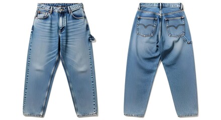 A pair of contemporary light blue washed denim jeans shown from the front and back, featuring a trompe-l'œil pocket design for a modern streetwear look