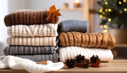 Stacked sweaters and autumnal decorations on a table