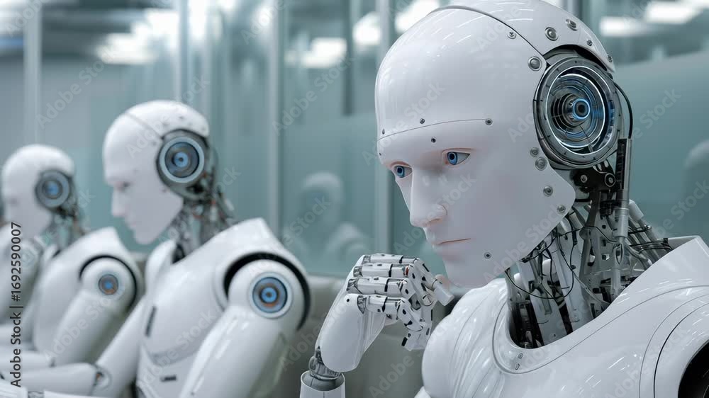 Poster sleek white humanoid robots collaborate at computer stations, displaying synchronized movements and 