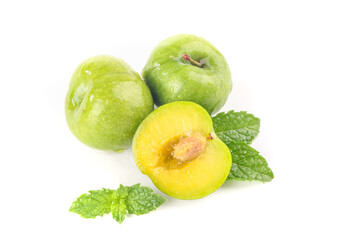 Fresh Green Plums with Mint Leaves on White Background - Healthy Fruit Photography