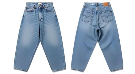 Front and back view of light blue baggy barrel jeans isolated on a white background, a staple of modern casual fashion