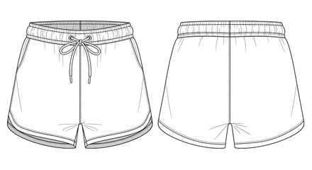 Fashion technical sketch of women's running shorts with drawstring waist. Front and back view vector template for apparel design