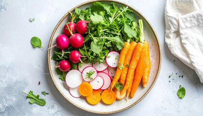 A vibrant plate of fresh vegetables, including radishes, carrots, and leafy greens, arranged artfully.
