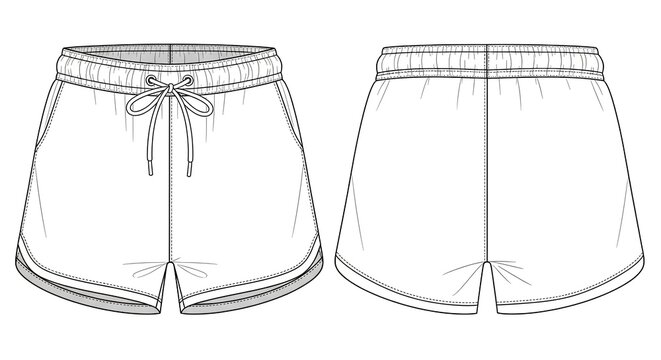 Fashion technical sketch of women's running shorts with drawstring waist. Front and back view vector template for apparel design - Powered by Adobe