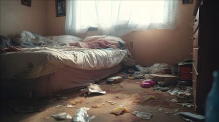 Messy dirty bedroom with cluttered floor, trash and dust – poor hygiene environment