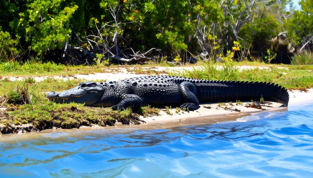 Alligator resting on riverbank - Powered by Adobe
