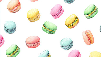 Watercolor illustration of pastel macarons on white background