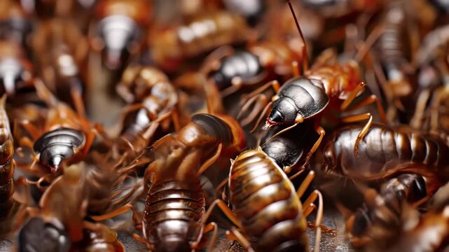 A detailed view of numerous cockroaches infesting a household. Presence of Germanic cockroaches or Blatta orientalis, commonly associated with dirt indicates a widespread infestation. AI-generated.