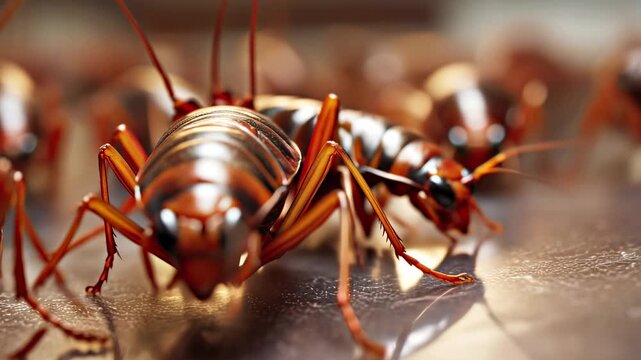 Zoomed in on a large gathering of cockroaches infiltrating a residence. The combination of Germanic cockroaches and Blatta orientalis indicates a pervasive infestation. AI-generated.