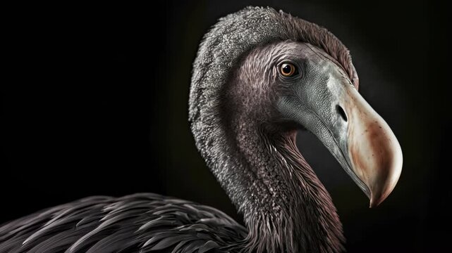 An isolated 3D rendering of the Dodo, Raphus cucullatus species, an extinct flightless bird native to Mauritius. A close-up of the portrait.