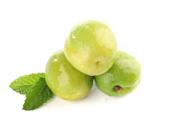 Fresh Green Gooseberries with Mint Leaf Isolated on White Background - Healthy Natural Fruit
