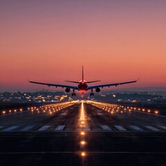 Plane rolling down glowing runway in serene twilight environment