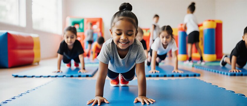 young kids actively participating in indoor obstacle course exercise class | education, fitness, recreation, teamwork, learning theme