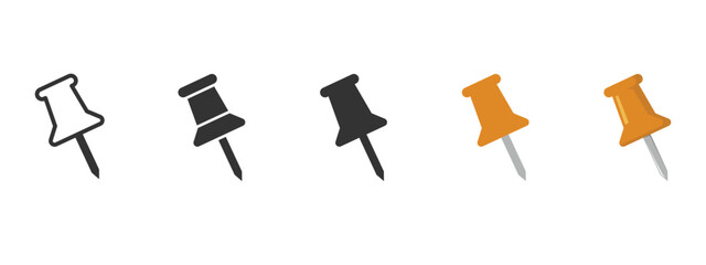 Push pin vector illustration set in outline, black, and orange styles. Thumbtack icons for office stationery, corkboards, reminders, notes, maps, and digital design use