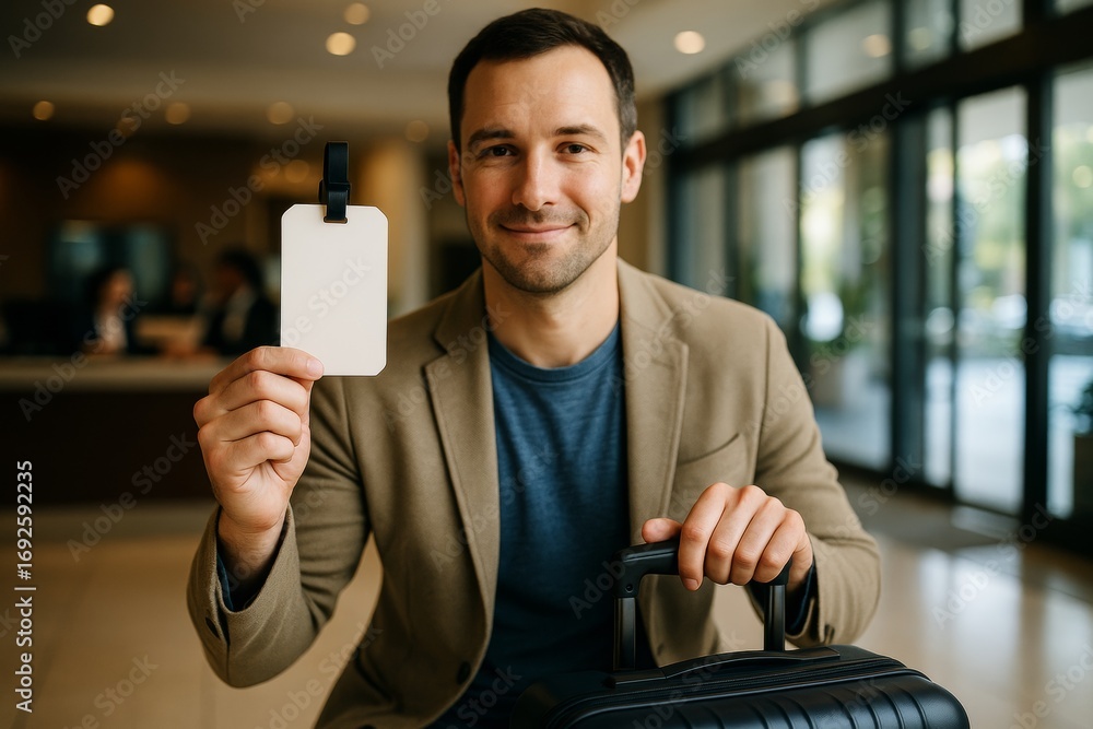 Poster smiling man holding blank id card mockup in hotel lobby with suitcase, ideal for branding or present