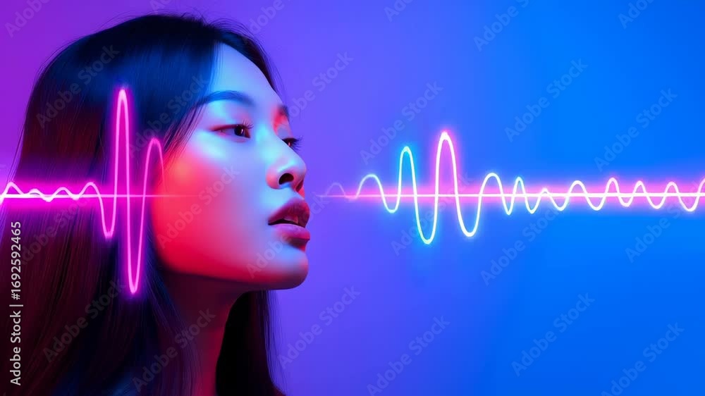Poster artistic representation of sound visualization featuring female profile against vibrant neon gradien