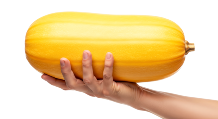 a hand presents natures golden bounty a perfect yellow squash, symbol of harvest abundance and culinary delight, isolated on transparent background