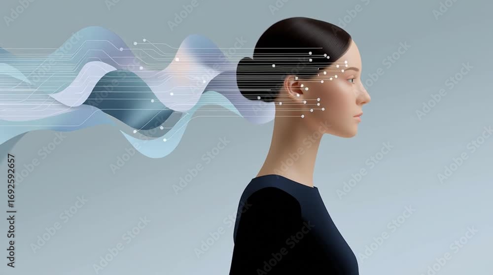 Poster female figure in profile with flowing digital waves and particles emanating from her head, illustrat