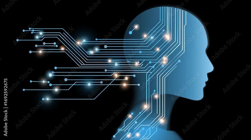 Poster abstract representation of a human head with digital circuit patterns flowing outward, illustrating 