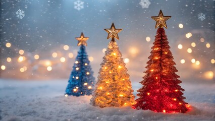 Obraz premium Magical Christmas Scene Three Sparkling Trees Adorned with Golden Stars Against a Snowy Backdrop