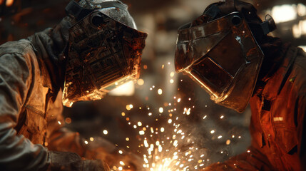 Two welders in heavy masks working face to face as bright sparks fly in a workshop